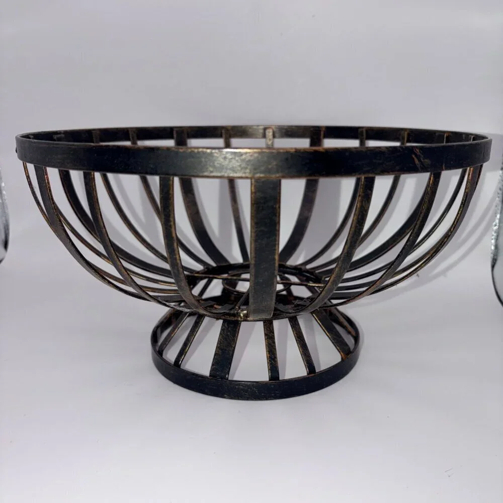 Vintage Black Metal Wire Pedestal Bowl Basket | Industrial Farmhouse Decor